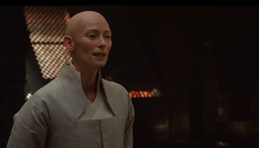A screenshot from the trailer of ‘Doctor Strange’ shows the Ancient One, played by Tilda Swinton. 