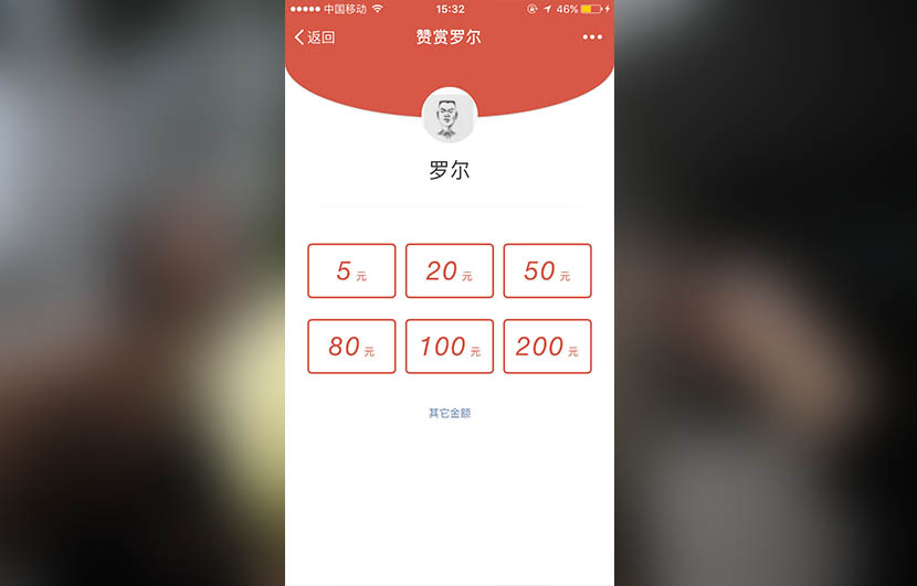 A screenshot from Luo Er’s public WeChat account shows the different sums of money that users can choose to donate. 