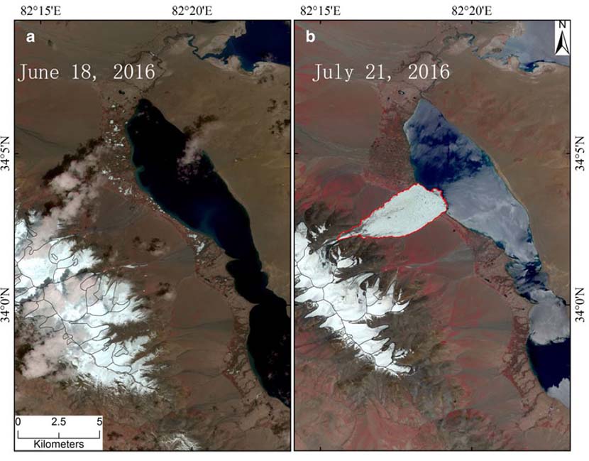 Images before and after the Aru Glacier collapse on July 17, 2016. From the Journal of Glaciology