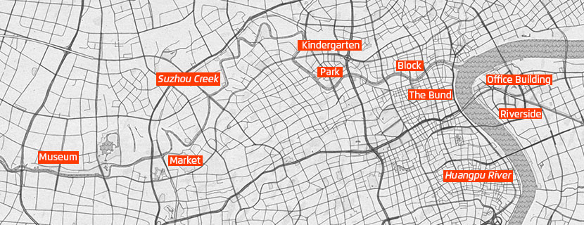 A map of Shanghai shows locations of some of the soundscapes featured in the “City Roaming” project.