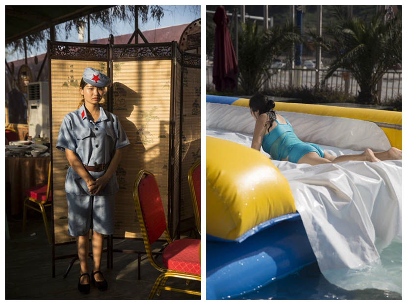 Left: A waitress in the Red Army uniform stands in front of a restaurant in Zunyi, Guizhou province, Aug. 20, 2016. Right: A woman plays on a large flotation device in a swimming pool in Zunyi, Guizhou province, Aug. 20, 2016. Chen Ronghui/Sixth Tone