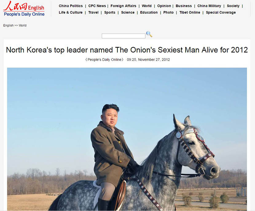 A screenshot from a cached page shows the People’s Daily report on North Korean leader Kim Jong Un being named The Onion’s ‘Sexiest Man Alive’ in 2012.