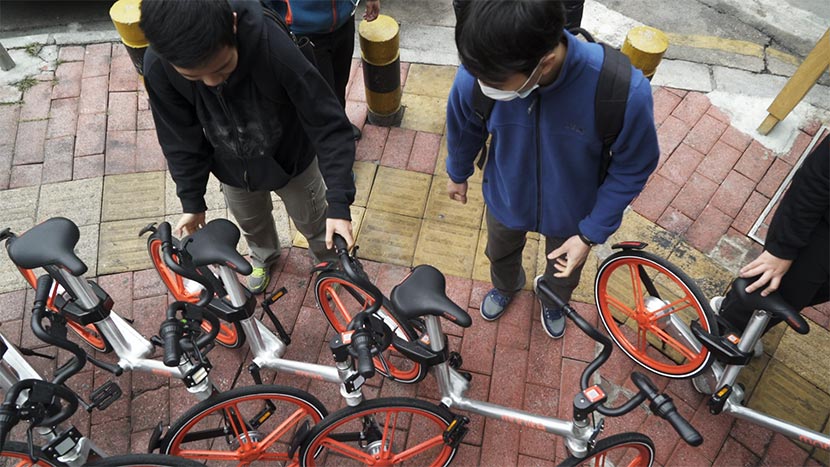 The bike hunters move improperly parked bikes to designated spaces, Guangzhou, Guangdong province, Jan. 14, 2016. Wu Yue/Sixth Tone