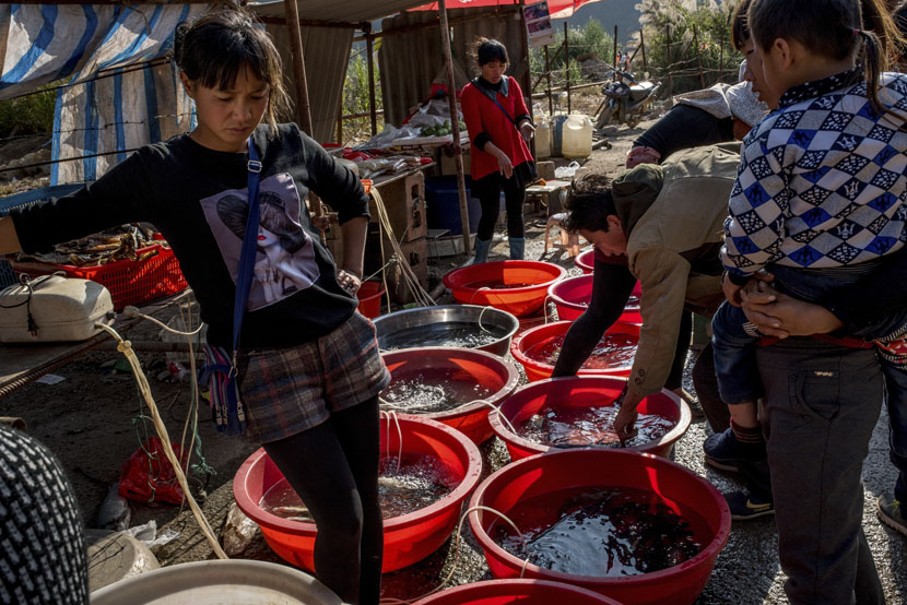People stop to buy fish at a roadside market in Jinglin, Yunnan province, Feb. 4, 2016. Luc Forsyth for Sixth Tone