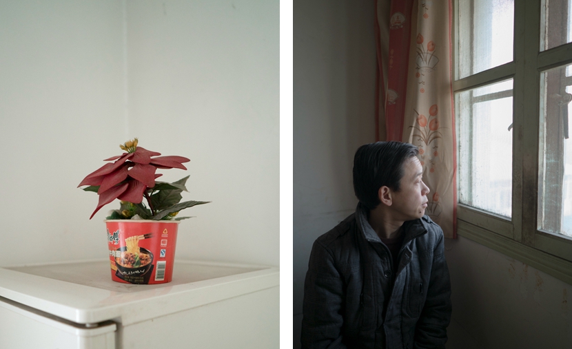 Left: A poinsettia plant sits on top of the refrigerator in Xu Hao’s home; right: Xu Hao looks out a window, Shanghai, Feb. 4, 2017. Zhou Pinglang/Sixth Tone
