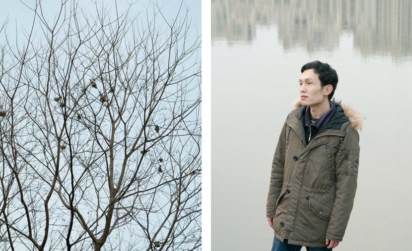 Left: Birds rest on bare tree branches; right: Li Mengqi poses by a river in Shanghai, Jan. 23, 2017. Zhou Pinglang/Sixth Tone