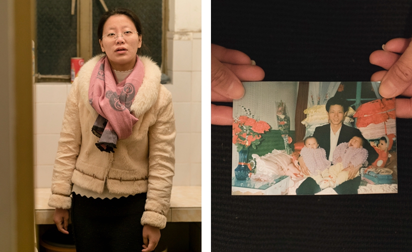 Left: Wang Yiwen, who works for her local neighborhood committee, poses in her office; right: Wang’s father is pictured holding his twin girls, Jan. 23, 2017. Zhou Pinglang/Sixth Tone