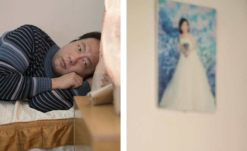 Left: Chen Difei lies in his bed at home; right: a wedding photo of Chen’s mother, Shanghai, Jan. 24, 2017. Zhou Pinglang/Sixth Tone
