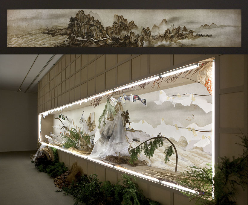 Top: A front view of ‘Background Story: Ten Thousand Li of Mountains and Rivers’; bottom: a back view of the same work exhibited in Vancouver, Canada, 2014. Courtesy of Xu Bing