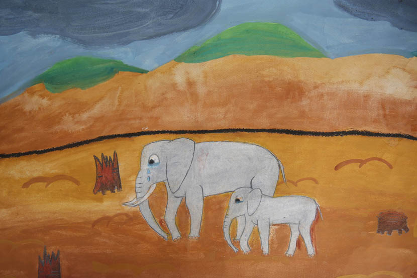 A drawing by a middle-school student in Xishuangbanna shows two Asian elephants crying because of deforestation. VCG