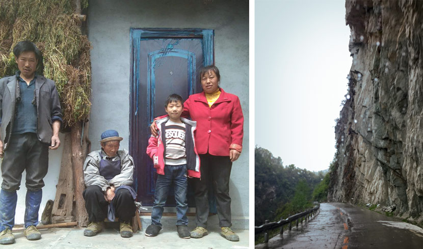Left: Liu Qing, 8, poses for a photo with his parents and grandfather on their farm outside Piankou Township, Sichuan province, April 2018. Courtesy of the Liu family; right: Piankou is accessible by a single road that is often blocked by debris during the rainy season, Beichuan Qiang Autonomous County, Sichuan province, March 2018. Eileen Guo for Sixth Tone