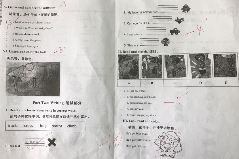 An exam taken by a student from Yu Cai No. 2 Primary Boarding School, Wuhan, Hubei province, April 27, 2018. Courtesy of Luc Pauwels