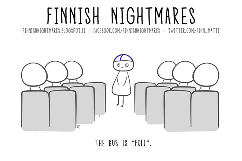 A cartoon from ‘Finnish Nightmares’ shows protagonist Matti feeling uncomfortable when looking for a seat on a bus. Courtesy of Karoliina Korhonen