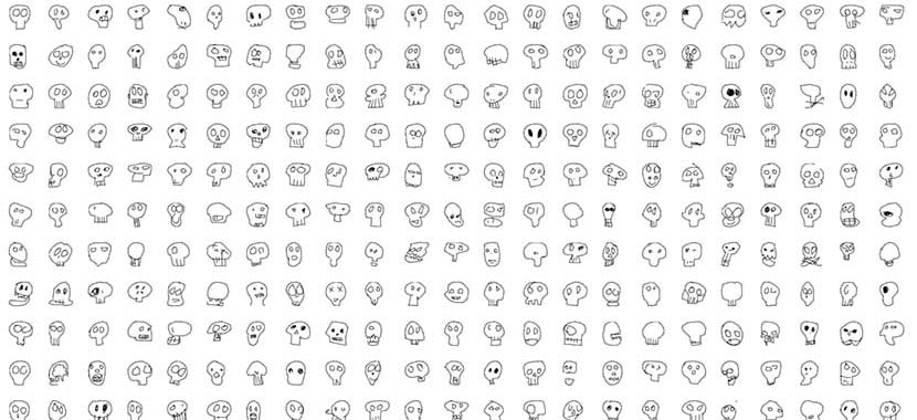 A screenshot from the ‘Quick, Draw!’ website shows players’ skull sketches.