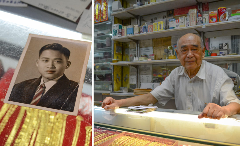 Left: A photo of Wan Yam as a teenager; Right: Wan Yam poses for a photo in his store on the Hong Kong side of Chung Ying Street, June 15, 2018. Fan Liya/Sixth Tone
