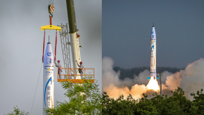 The OS-X, a private rocket built by OneSpace, is prepared for launch (left) and blasts off from an unnamed base in northwestern China (right), May 17, 2018. Wan Nan/CNS/VCG