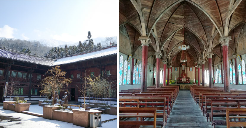 The exterior (left) and interior of Dengchigou Church in Baoxing County, Sichuan province, Feb. 5, 2018. Courtesy of Ma Te