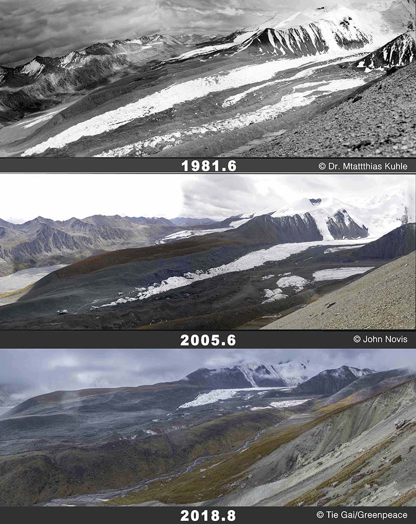 A comparison of Halong Glacier in 1981, 2005, and 2018, respectively. The glacier is located in western China’s Qinghai province. Courtesy of Greenpeace