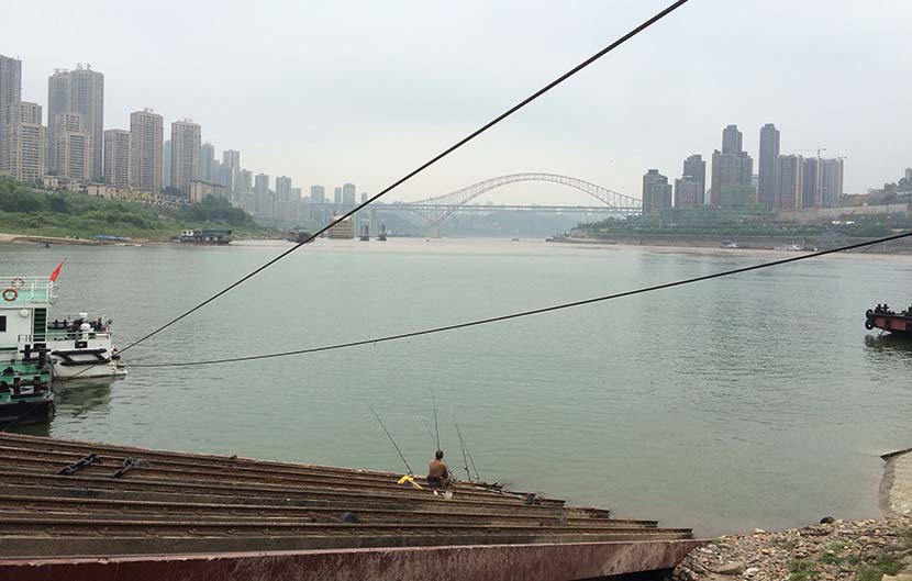 A man fishes by the Jialing River in Chongqing, August 12, 2015. Wu Yue/Sixth Tone