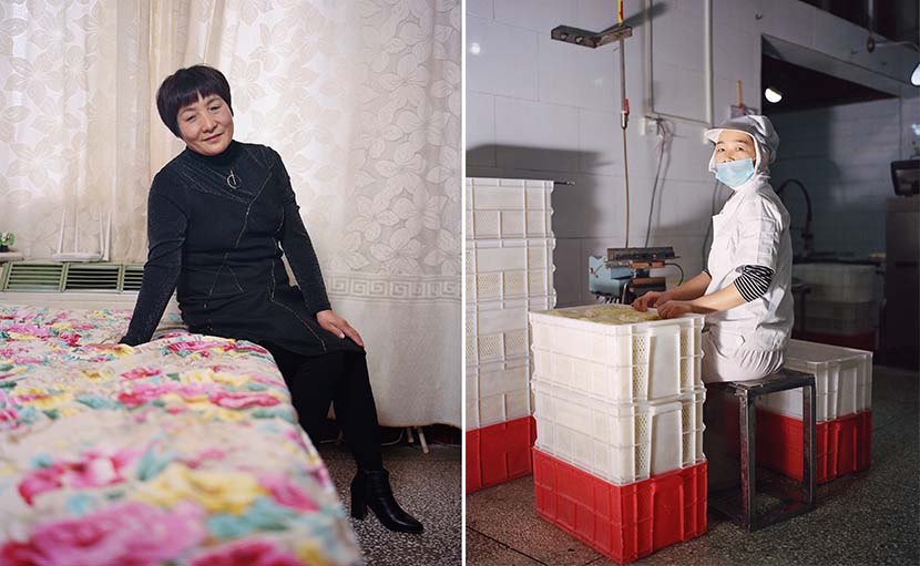 Left: Cui Miaoyun poses for a portrait at home; right: A worker at a noodle factory in Nanjie, Henan province, 2018. Shi Yangkun/Sixth Tone