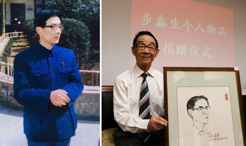 Left: Bu Xinsheng at the Zhejiang Haiyan Shirt Factory in Haiyan County, Zhejiang province, April 1982. Yuan Peide/VCG; right: Bu Xinsheng poses for a photo in Haiyan County, Zhejiang province, June 12, 2014. VCG