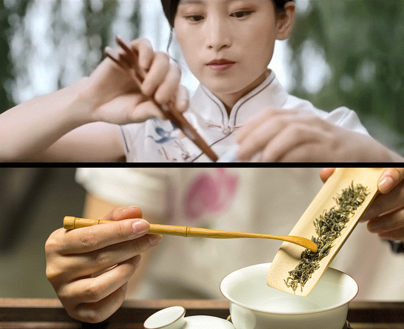 Top: A Gif from a promotional video for the 2022 Asian Games inadvertently showed a woman scooping tea incorrectly. From Bilibili; bottom: The right way to add tea leaves to a cup. TotalImage/VCG