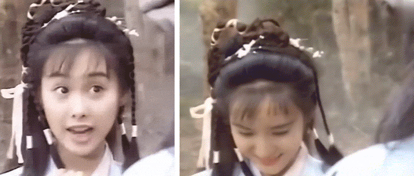 Left: An unedited screenshot from the 1994 TV series “The Legend of the Condor Heroes”; right: a clip from the viral “deepfake” video of the same scene. From @换脸哥 on Weibo