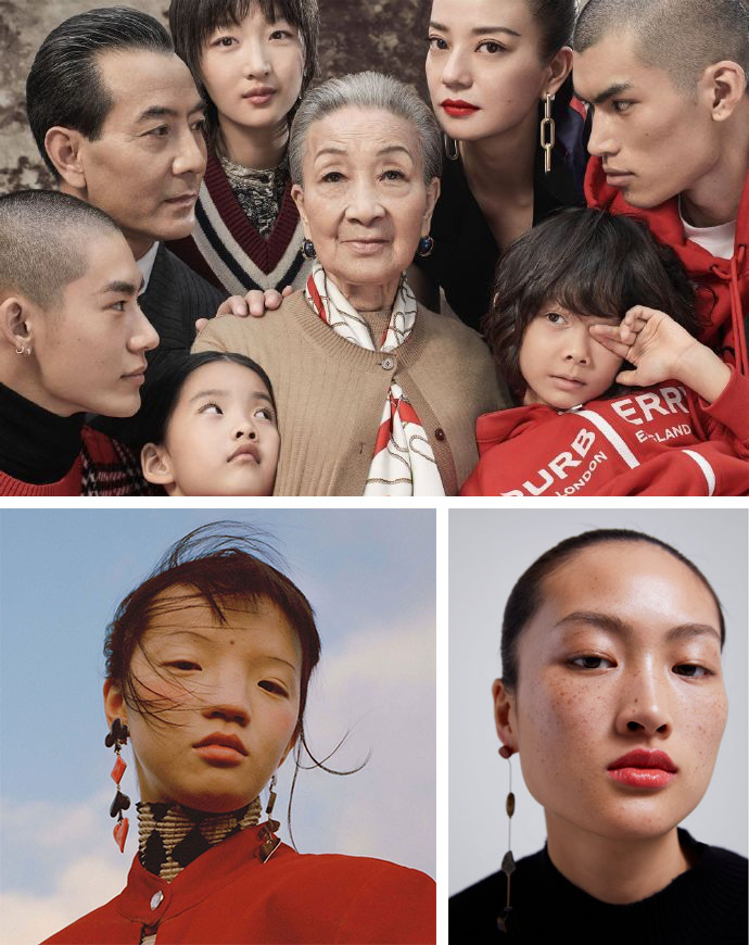 Top: Burberry’s 2019 campaign. Ethan James Green/IC; Bottom left: A portrait of Chinese model Tin Gao published on Vogue’s Instagram account on March 3, 2019. From the Instagram of voguemagazine; Bottom right: a photo of the freckle-faced Chinese model Li Jingwen from Zara’s February campaign. From Zara’s official website