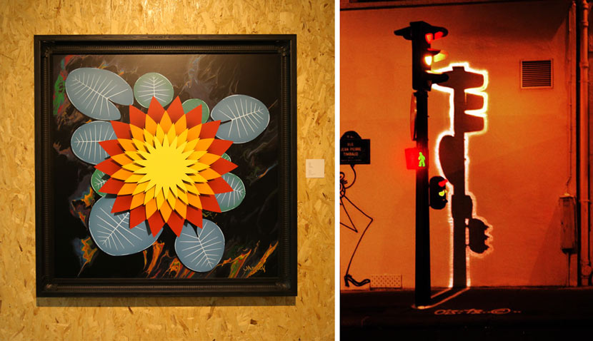 Left: Zev’s studio piece “Lotus 3,” on display at the “Post Contemporary-Urban Graphic 7019” exhibition in Shanghai, Jan. 24, 2019. Courtesy of MoCA Shanghai; right: A photo from his street art series “Electric Shadows.” From the artist's website