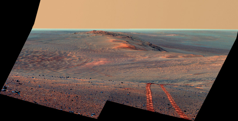 A view of Mars from the panoramic camera on NASA’s Mars Exploration Rover Opportunity that shows part of the Endeavour Crater’s western rim, August 2014. NASA/UPI Photo/IC