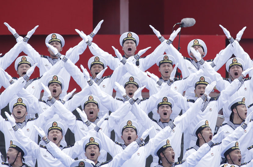 Chinese navy personnel perform at an event celebrating the 70th anniversary of the founding of the Chinese People’s Liberation Army Navy in Qingdao, Shandong province, April 22, 2019. Jason Lee/Reuters/VCG