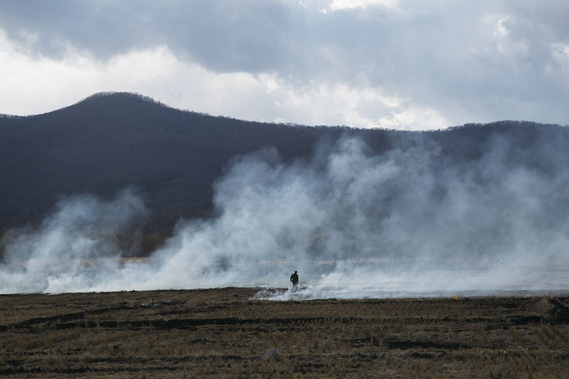 A villager burns straw to fertilize crops in Hunchun, Jilin province, April 26, 2019. Wu Huiyuan/Sixth Tone