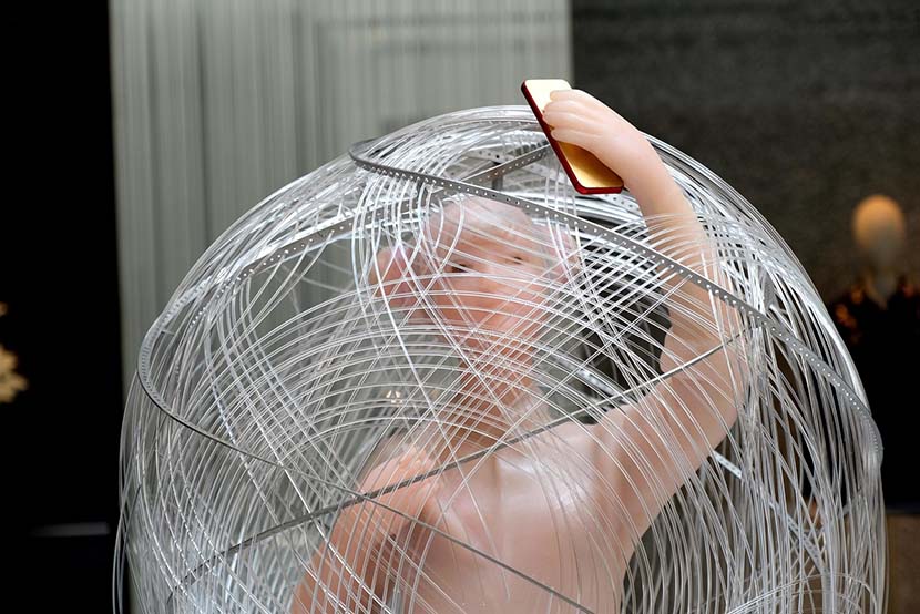 An artwork, part of an exhibit named “Cyber Cocoon Kids,” sits on display at a shopping mall in Shenyang, Liaoning province, May 6, 2019. IC