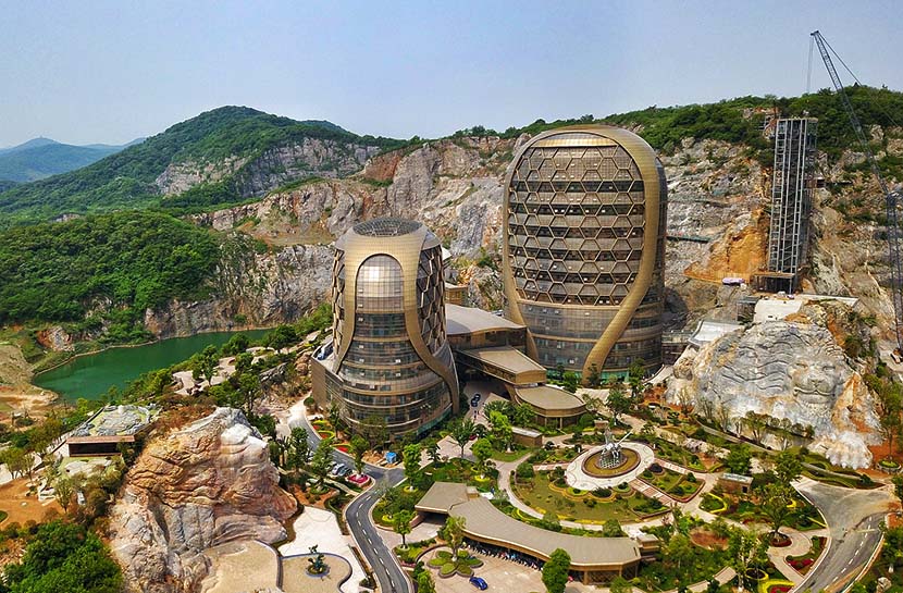 An aerial photo shows a “honeycomb” hotel at a theme park in Nanjing, Jiangsu province, May 6, 2019. The hotel is scheduled to open in October this year. Cui Xiao/VCG