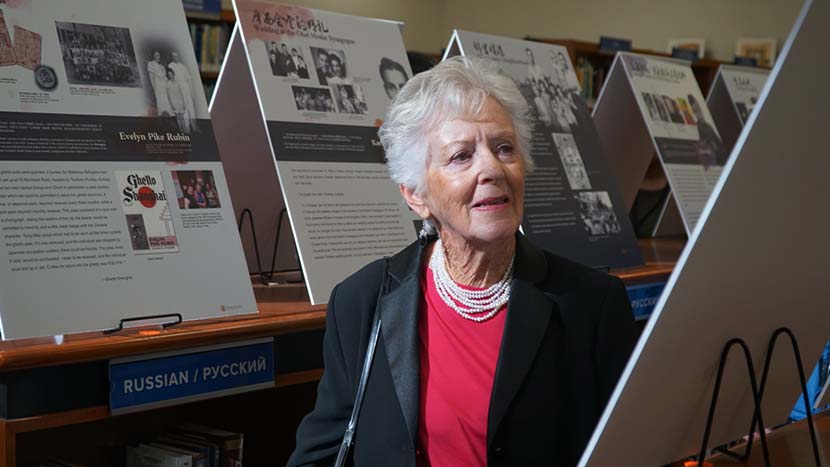 Betty Grebenschikoff visits the “Jewish Refugees in Shanghai” exhibition in Brooklyn, 2019. Courtesy of the museum