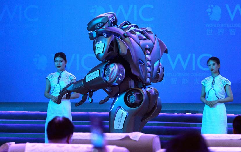 Intelligent robot Titan performs during the main forum of the third World Intelligence Congress at the Meijiang Convention & Exhibition Center in Tianjin, May 16, 2019. You Sixing/VCG
