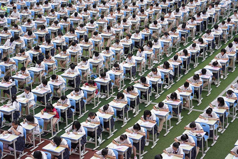 Over 6,000 students at Dongguan Nancheng Donghui Experimental School attend a handwriting competition in Dongguan, Guangdong province, May 17, 2019. An Dong/VCG