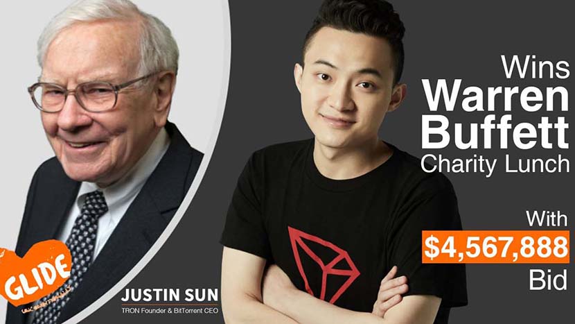 A promotional graphic for cryptocurrency entrepreneur Justin Sun bidding a record-high $4.57 million for an annual charity lunch with Berkshire Hathaway CEO Warren Buffett.