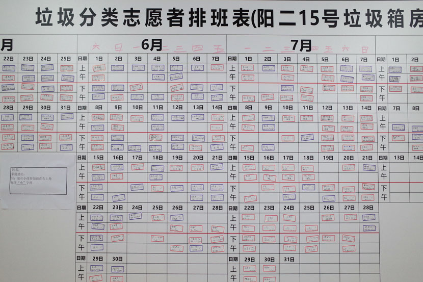 The volunteer schedule board at Liu Jidong’s residential committee office in Shanghai, June 14, 2019. Ding Yining/Sixth Tone