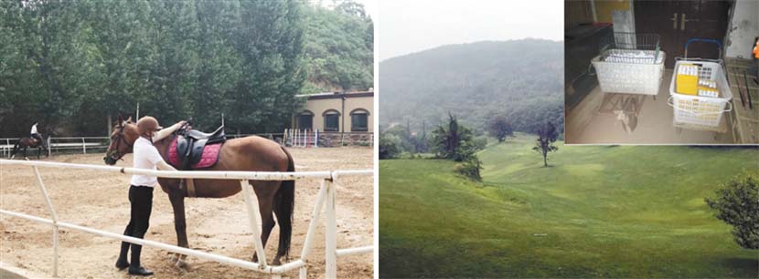 Left: A woman adjusts a horse’s saddle at an equestrian facility on Wuyun Mountain in Shangjie District, Henan province, 2019; right: A driving range and two carts loaded with golf balls on Wuyun Mountain in Shangjie District, Henan province, 2019. Xinhua