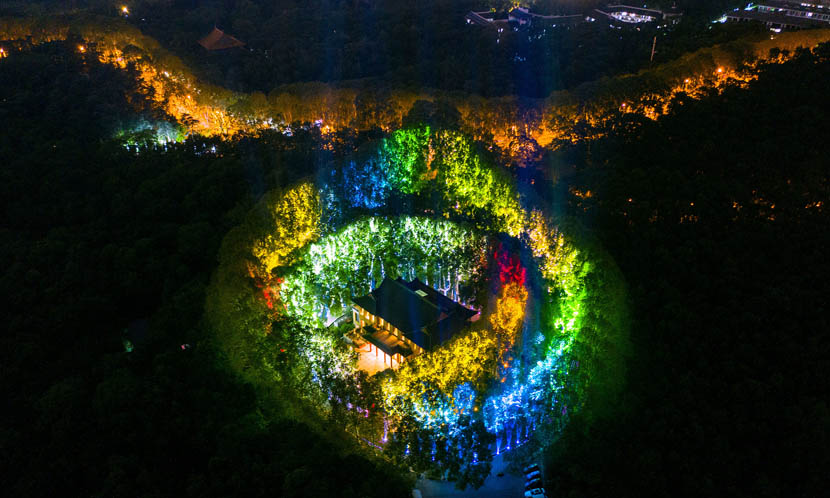 An aerial view of a light show taking place over Qixi Festival at Purple Mountain near Nanjing, Jiangsu province, Aug. 7, 2019. Su Ya