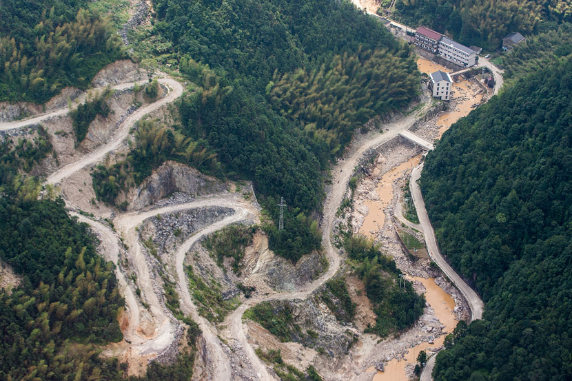 An aerial view of eroded mountain roads after floodwaters caused by Typhoon Lekima receded near Linhai, Zhejiang province, Aug. 12, 2019. Chen Zhongqiu/VCG