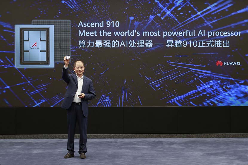 Eric Xu, Huawei’s rotating chairman, shows off the Chinese telecom company’s new AI chip, the Ascend 910, during a press conference in Shenzhen, Guangdong province, Aug. 23, 2019. Courtesy of Huawei