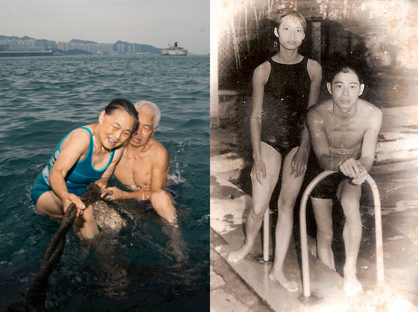 Left: Chan Hak-chi helps his wife, Li Kit-hing, climb ashore after going swimming in Hong Kong, May 25, 2017. Wu Yue/Sixth Tone; right: a photo from the summer of 1973 shows Chan Hak-chi and Li Kit-hing standing by a swimming pool in Guangzhou, Guangdong province. Courtesy of Chan Hak-chi