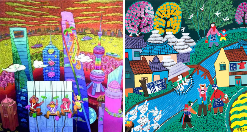 Left: ‘Upward Force’ by Hu Peiqun (2017), an example of Shanghai’s western suburb-style peasant painting. Courtesy of Hu Peiqun; right: ‘The Mother Returns to her Parents’ Home’ by Cao Xiuwen (2016), an example of Shanghai’s Jinshan-style peasant painting. Courtesy of the Folklore Institute at East China Normal University
