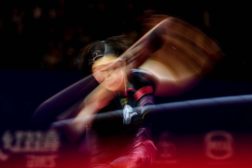 Chen Meng battles her countrywoman Liu Shiwen during the semifinals of the ITTF-ATTU Asian Table Tennis Championships at GOR Amongraga stadium in Yogyakarta, Indonesia, Sept. 21, 2019. Robertus Pudyanto/Getty Images/VCG