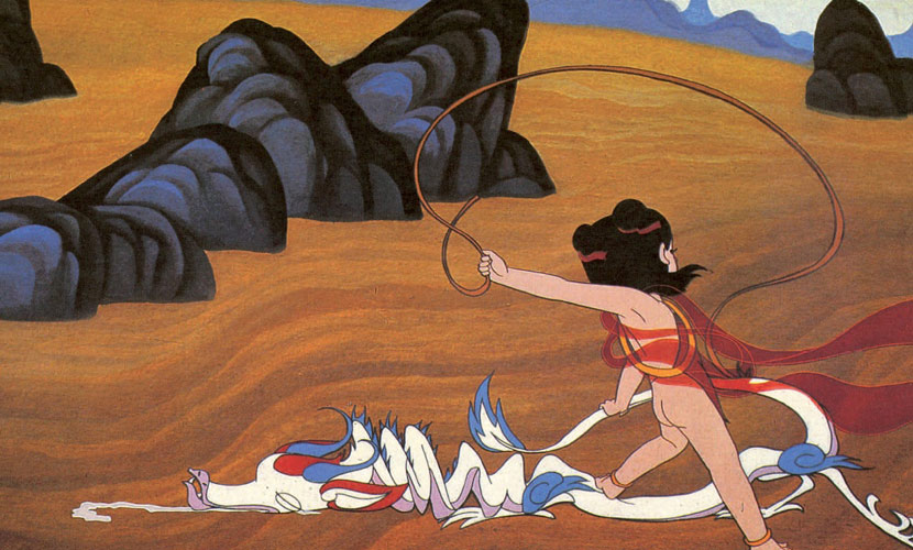 A still frame from 1979’s “Prince Ne Zha’s Triumph Against the Dragon King,” showing Ne Zha pulling out the dragon’s spine. From Douban