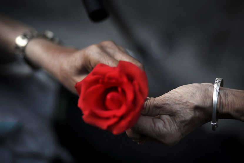 An elderly man gives a rose to his wife in Suining, Sichuan province, May 19, 2018. Liu Changsong/VCG