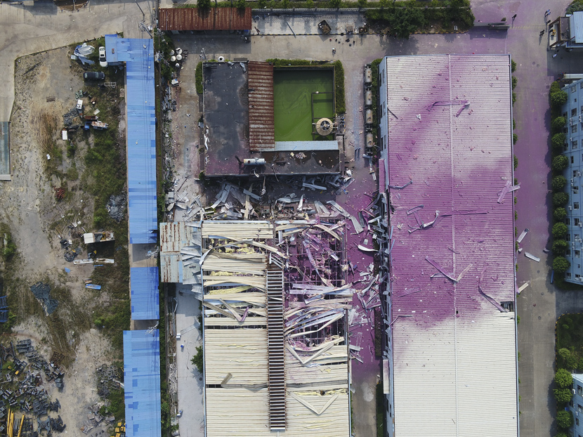 An aerial view of an exploded reaction kettle in a chemical factory in Luchuan County, Yulin, Guangxi Zhuang Autonomous Region, Oct. 15, 2019. The explosion caused four deaths and seven injuries. Costfoto/Barcroft Media/VCG