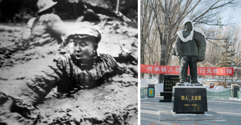 Left: A publicity photo of Wang Jinxi shows the “Iron Man” stirring cement with his body to contain a well blowout. IC; Right: A statue of Wang Jinxi in Old Yumen’s Oil Park, Gansu province, Dec. 13, 2018. Wu Huiyuan/Sixth Tone